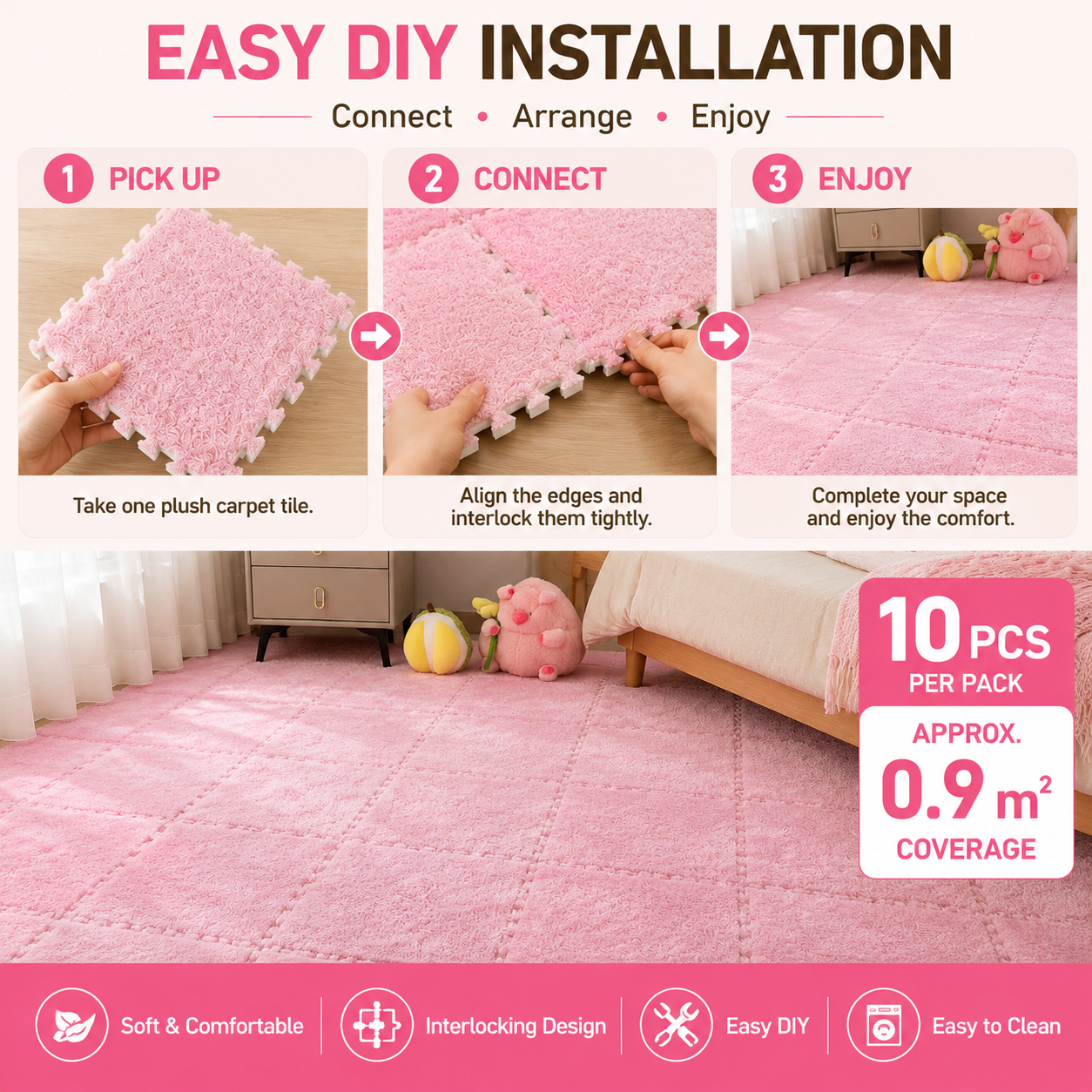【 10 Pcs 】Plush Interlocking Foam Floor Mat, Warm Soft Fluffy Puzzle Carpet Tiles Anti-Slip for Bedroom Living Room Bedside