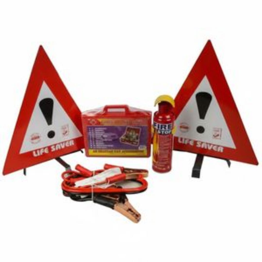 Car Safety Kit 4 in 1 - Life Saver Warning Triangles, Fire Extinguisher , First Aid Kit & Jumper Cables