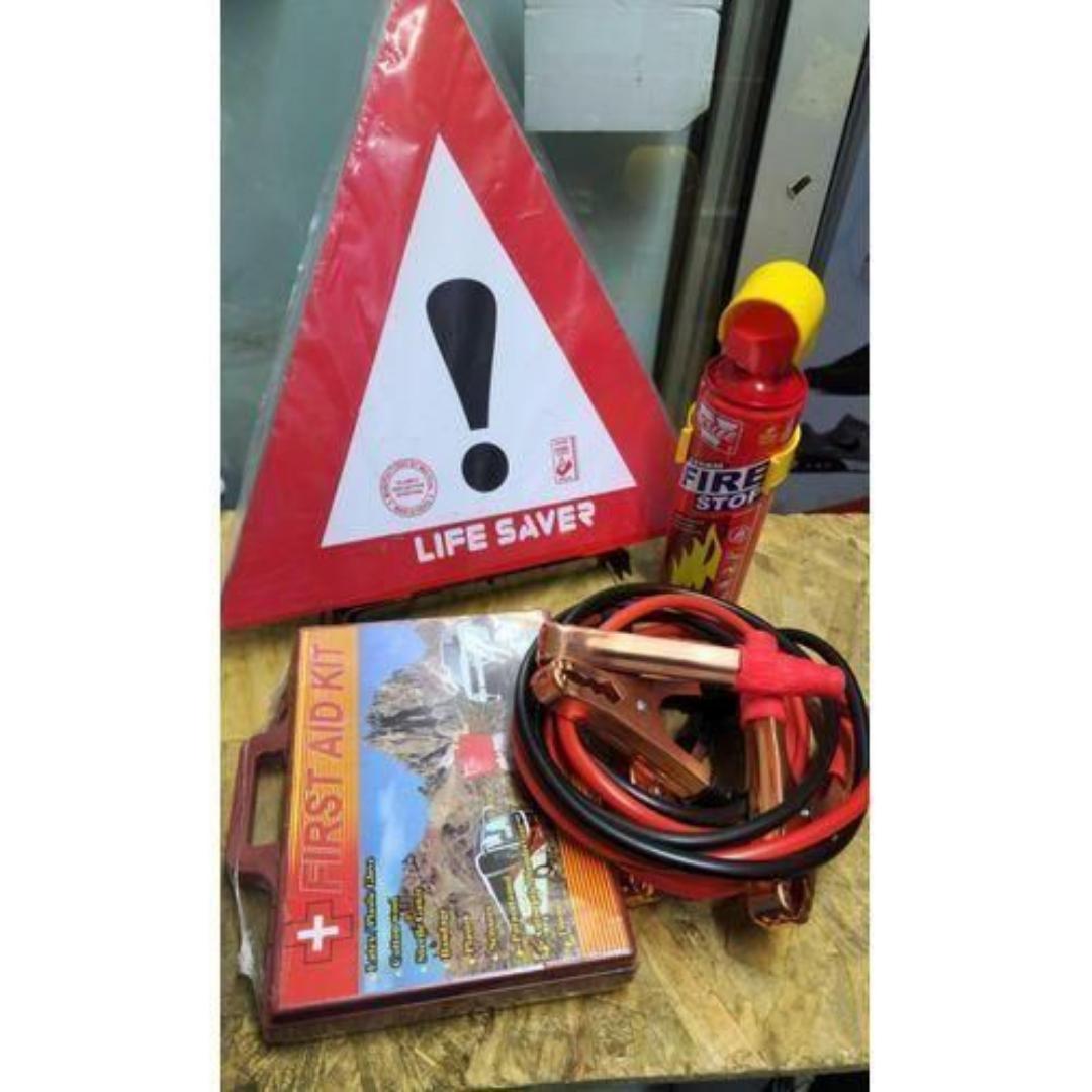 Car Safety Kit 4 in 1 - Life Saver Warning Triangles, Fire Extinguisher , First Aid Kit & Jumper Cables