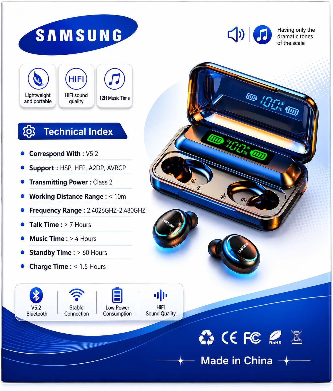 BEST SAMSUNG F9-5 TWS Wireless Bluetooth Earphone V5.3 Earpods Deep Bass & Clear Treble LED Display Wireless Earphones With HI-FI Stereo Sound Sports Waterproof Earbuds Headsets Noise Reduction