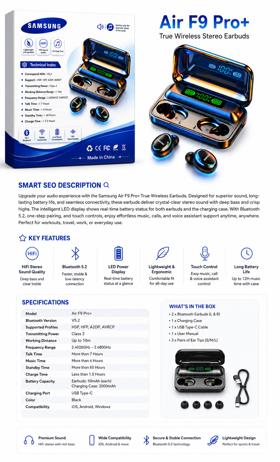 BEST SAMSUNG F9-5 TWS Wireless Bluetooth Earphone V5.3 Earpods Deep Bass & Clear Treble LED Display Wireless Earphones With HI-FI Stereo Sound Sports Waterproof Earbuds Headsets Noise Reduction