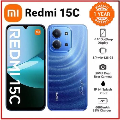 REDMI 15C 128GB Storage Upto 8(4+4)GB Ram 6.9'' FHD Immersive Display 50MP Main Cam +8MP front 6000mAh 33W Fast Charger Xiaomi Hyper OS Side Fingerprint Smartphone smart phones