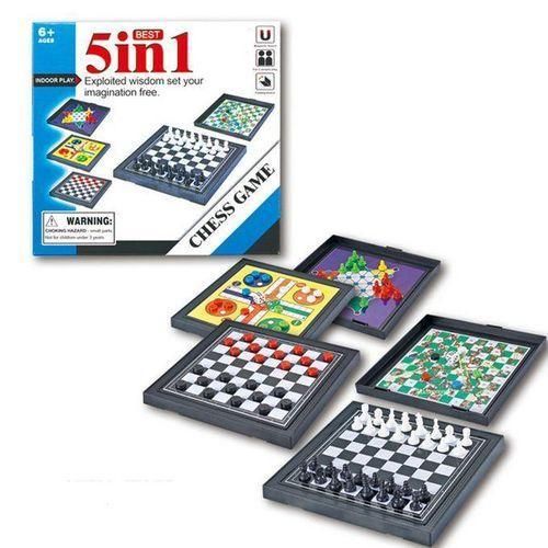 5 in 1 Chess Game Board Set Board Game Portable Travel Board Game Mini Magnetic Chess Game Chess board Flying Chess Checker Snake Chess Draughts Ladders Checker