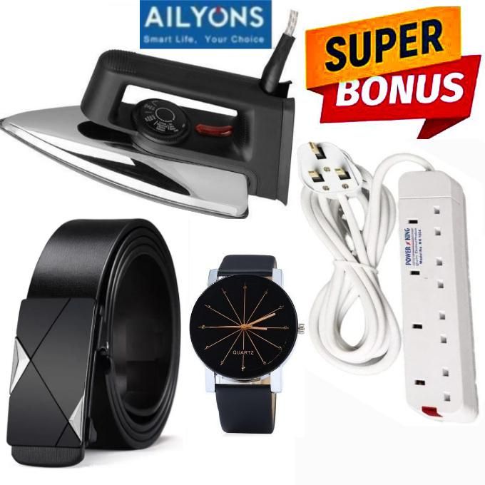 AILYONS HD-199A Electric Iron Box // Ironing Box -1000W With User-Friendly Control + 4 Way Extension & WATCH , Leather Belt