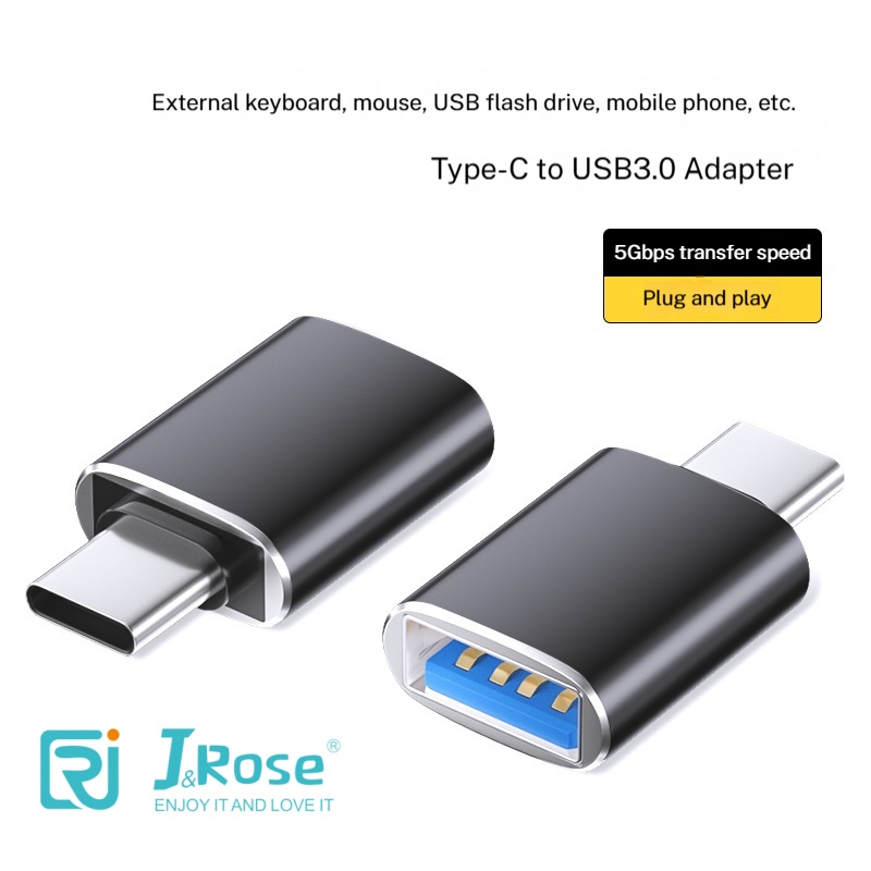 J&Rose TYPE-C 3.0 OTG Adapter, Type-C Male to USB 3.0 Female, 5Gbps High-Speed Data Transfer, Support 5V/2A Charging, Connect USB flash drive Keyboard Mouse Hard Drive for Phone Tablet PC - Metal Gray