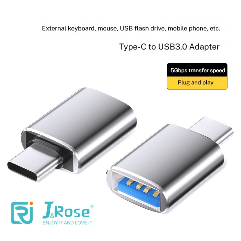 J&Rose TYPE-C 3.0 OTG Adapter, Type-C Male to USB 3.0 Female, 5Gbps High-Speed Data Transfer, Support 5V/2A Charging, Connect USB flash drive Keyboard Mouse Hard Drive for Phone Tablet PC - Metal Gray