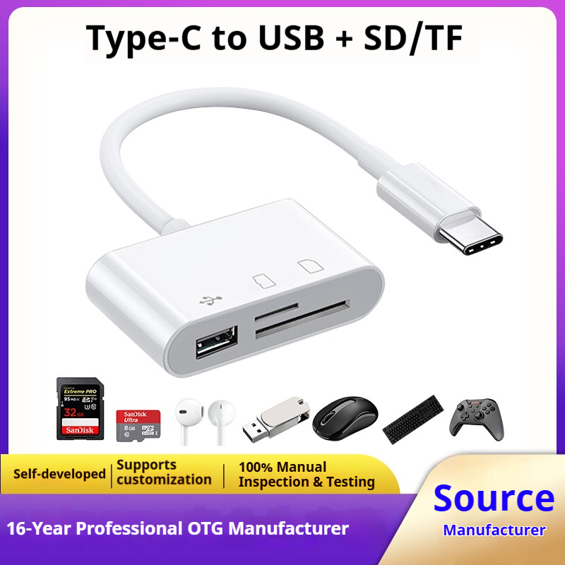 J&Rose 3 in 1 TYPE-C OTG Adapter, Type-C to SD/TF Card Reader + USB 3.0 Port, Connect USB drive Keyboard Mouse to Phone Tablet PC, High-Speed Data Transfer for Smartphone Laptop Camera