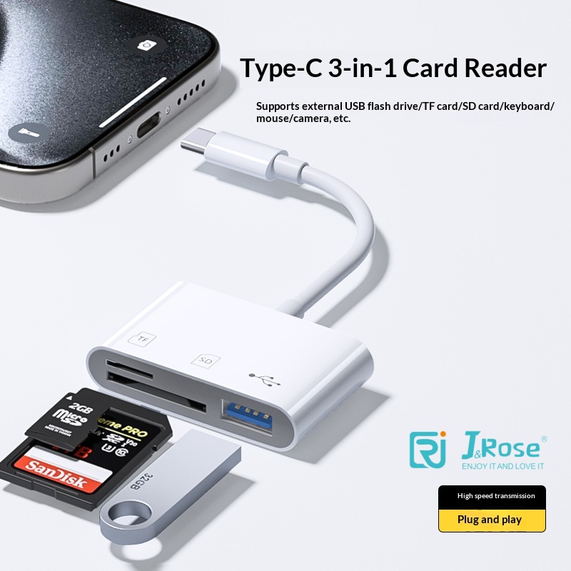 J&Rose 3 in 1 TYPE-C OTG Adapter, Type-C to SD/TF Card Reader + USB 3.0 Port, Connect USB drive Keyboard Mouse to Phone Tablet PC, High-Speed Data Transfer for Smartphone Laptop Camera