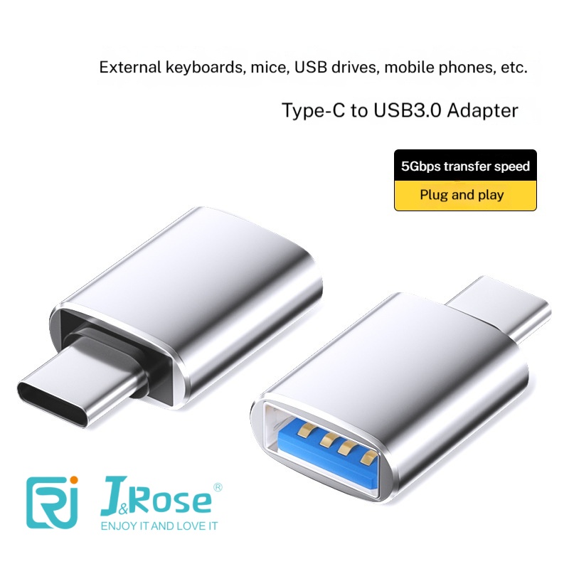 J&Rose TYPE-C 3.0 OTG Adapter, Type-C Male to USB 3.0 Female, 5Gbps High-Speed Data Transfer, Support 5V/2A Charging, Connect USB flash drive Keyboard Mouse Hard Drive for Phone Tablet PC - Metal Gray