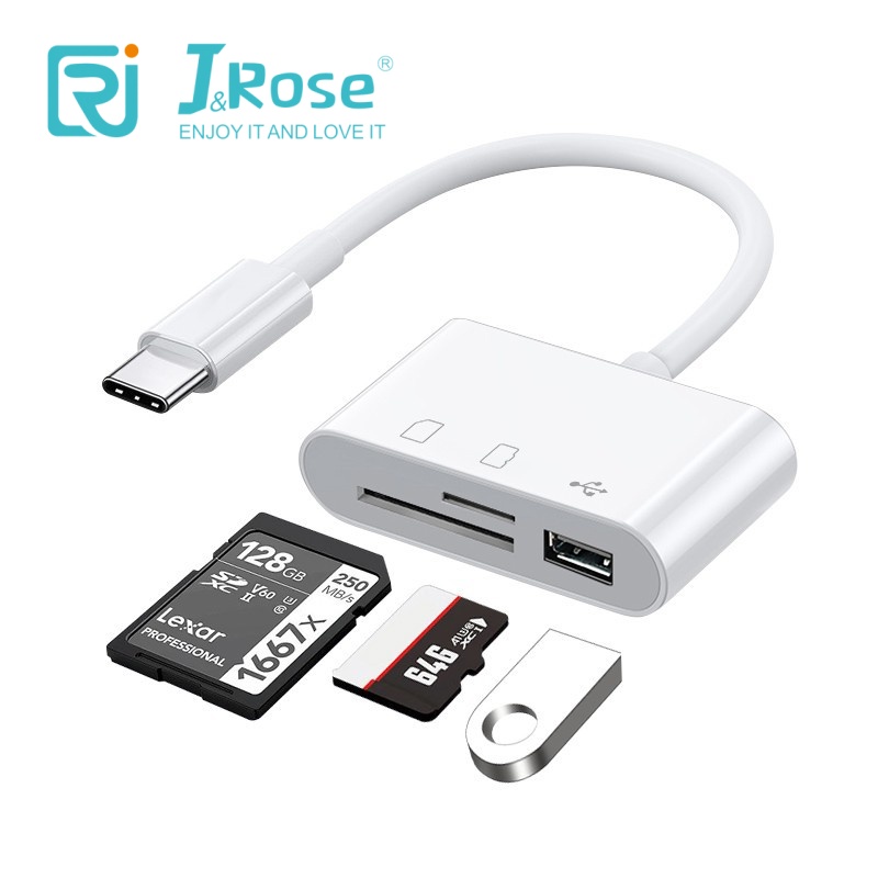 J&Rose 3 in 1 TYPE-C OTG Adapter, Type-C to SD/TF Card Reader + USB 3.0 Port, Connect USB drive Keyboard Mouse to Phone Tablet PC, High-Speed Data Transfer for Smartphone Laptop Camera