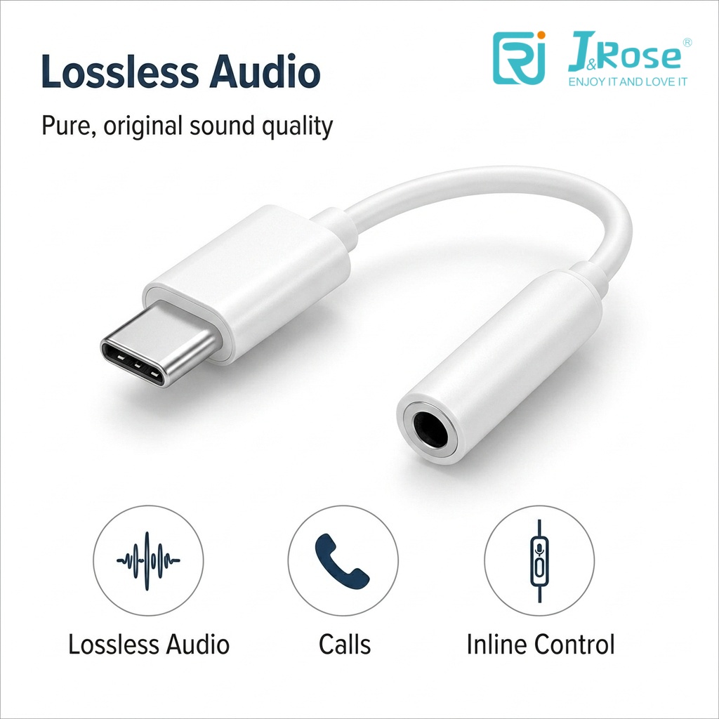 J&Rose New Upgrade TYPE-C to 3.5mm Adapter, Lossless Sound Quality, Type-C to Headphone Jack Converter, Easy Connection, Plug and Play for Smartphones, Tablets, Laptops