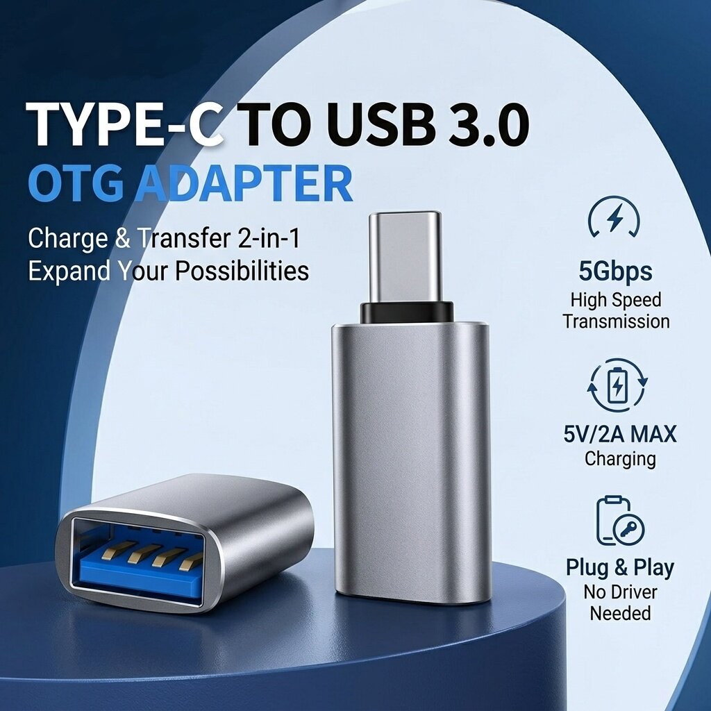 J&Rose TYPE-C OTG Adapter Type-C Male to USB3.0 Female 5Gbps High-Speed Data Transfer Support 5V/2A Charging Durable metal case connect USB flash drive Keyboard Mouse Hard Drive for Phone Tablet PC