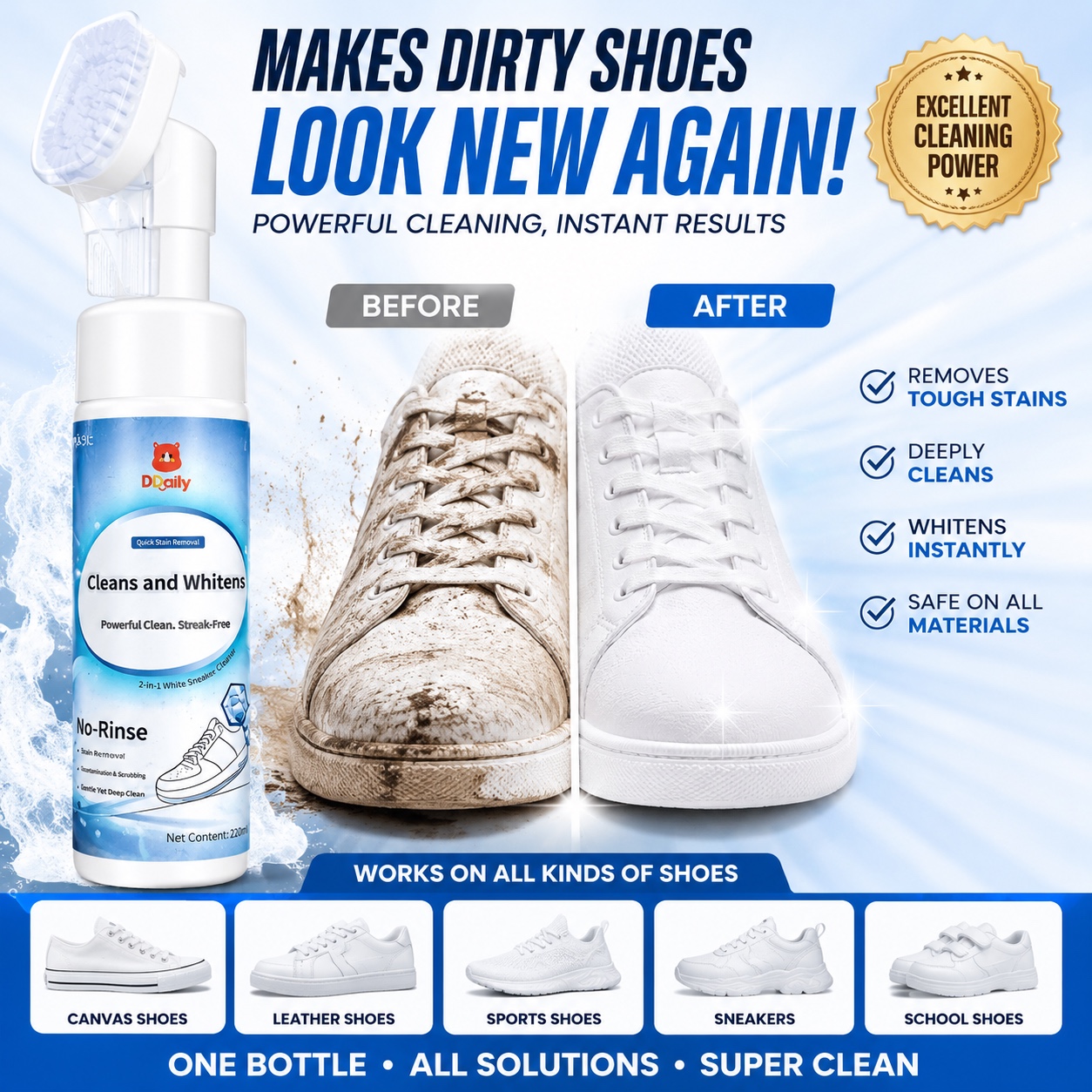 D-Daily No-Rinse Shoe Cleaner & Whitening Foam with Brush – Sneaker Cleaning Solution