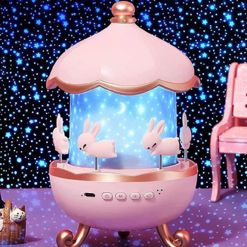 Dreamy Star Bunny Projector – 6-Theme Rotating LED Night Light & Carousel Starry Sky Lamp for Kids Bedroom, Rechargeable Bedside Ambient Nursery Lamp (BPA-Free, Dimming)