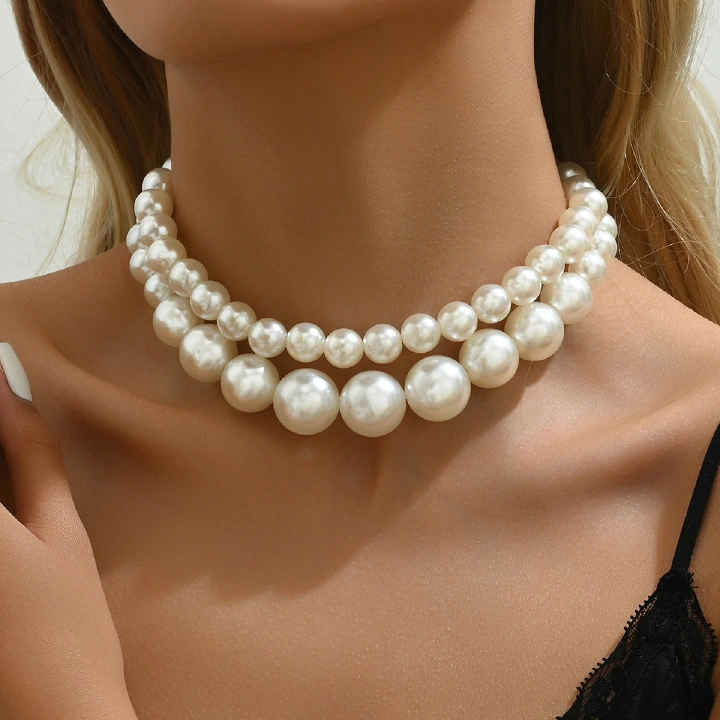 2 pc Vintage and exaggerated large pearl choker collar necklace. Elegant multi-layered bead necklace.women's fashion jewelry accessories