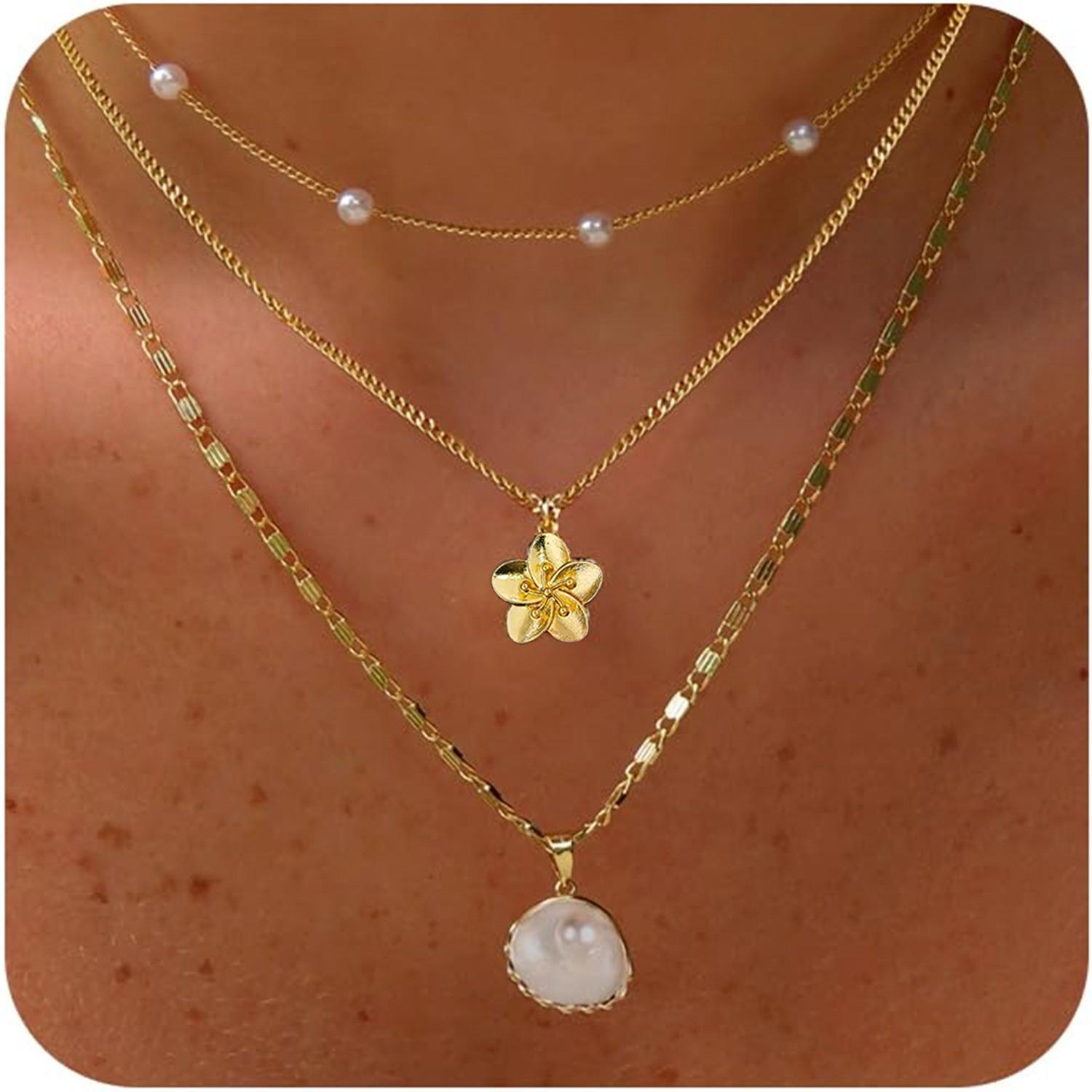3pcs set  Stackable Gold Necklace Set, Pearl Choker, Flower Pendant & Shell Pearl Chain, Women’s fashion jewelry