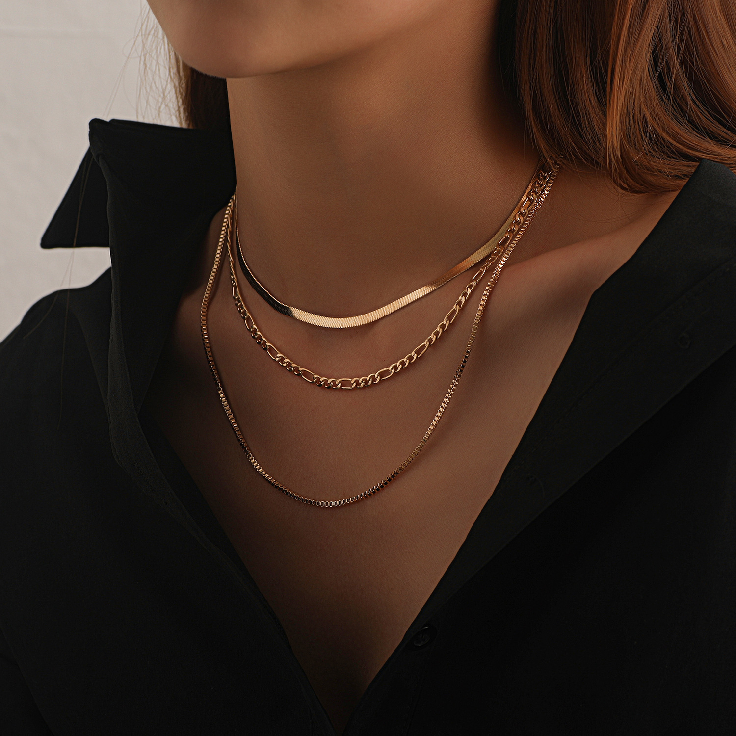 Triple Layer Chain Necklace, Herringbone + Figaro + Box Link Multi-Strand Necklace for bioth Men and Women, Gold/Silver Tone Available