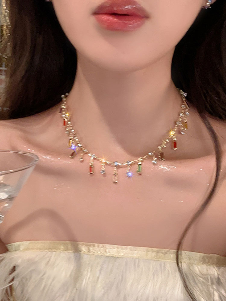 Luxury and elegant Alloy Colorful Baguette Crystal Tassel Necklace, Multicolor Rhinestone Drop Choker for Women, Adjustable Party Statement Necklace