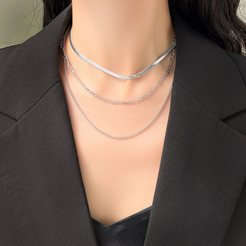 Triple Layer Chain Necklace, Herringbone + Figaro + Box Link Multi-Strand Necklace for bioth Men and Women, Gold/Silver Tone Available