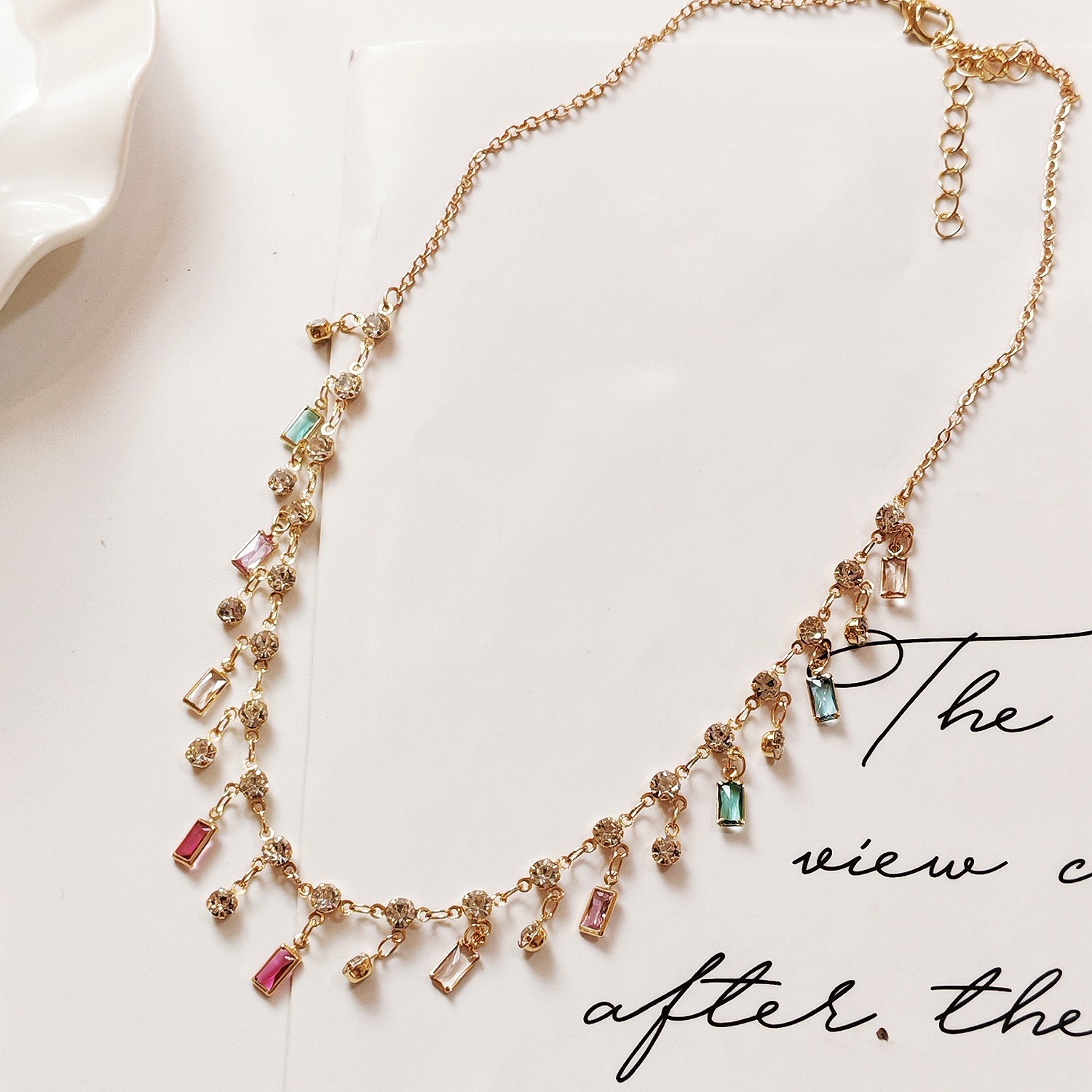 Luxury and elegant Alloy Colorful Baguette Crystal Tassel Necklace, Multicolor Rhinestone Drop Choker for Women, Adjustable Party Statement Necklace