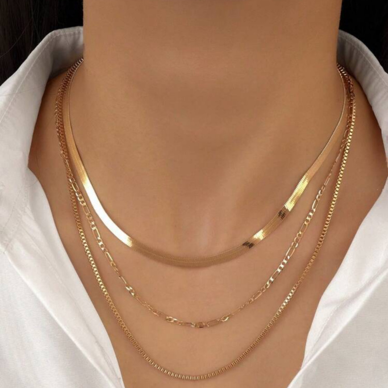 Triple Layer Chain Necklace, Herringbone + Figaro + Box Link Multi-Strand Necklace for bioth Men and Women, Gold/Silver Tone Available