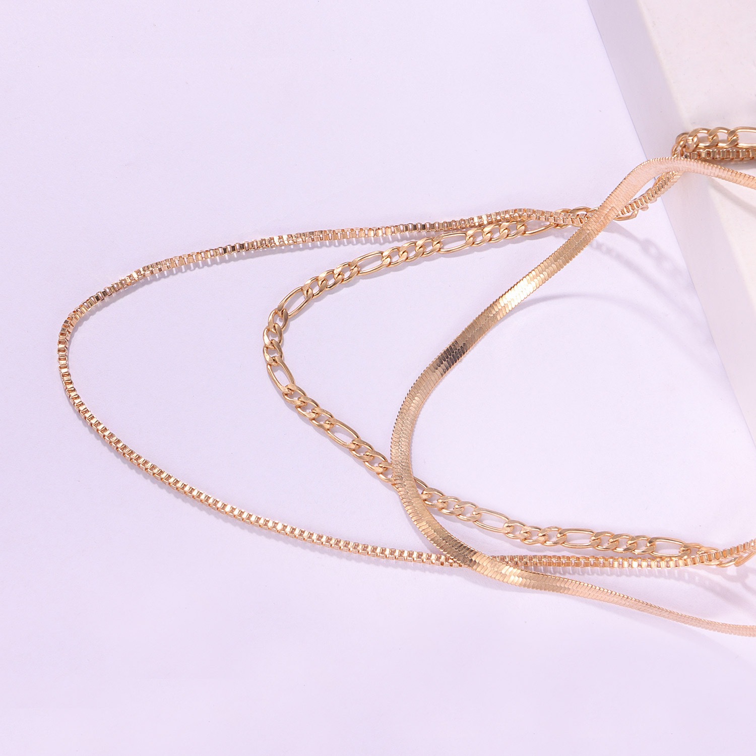 Triple Layer Chain Necklace, Herringbone + Figaro + Box Link Multi-Strand Necklace for bioth Men and Women, Gold/Silver Tone Available