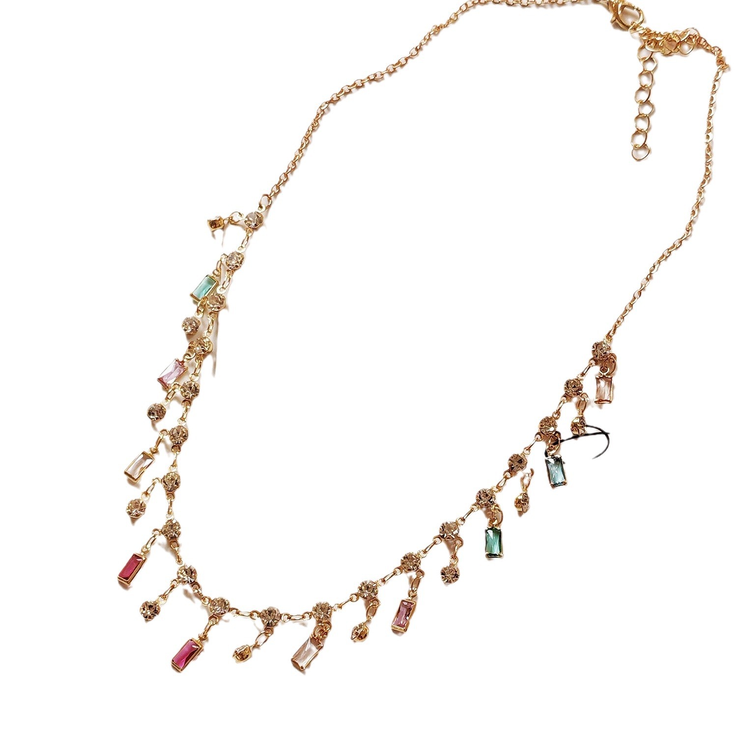 Luxury and elegant Alloy Colorful Baguette Crystal Tassel Necklace, Multicolor Rhinestone Drop Choker for Women, Adjustable Party Statement Necklace