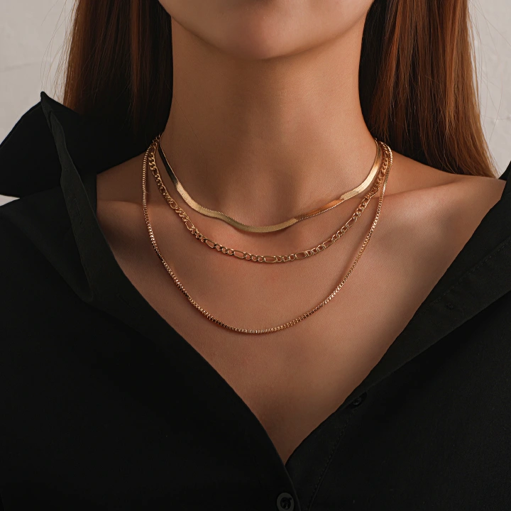 Triple Layer Chain Necklace, Herringbone + Figaro + Box Link Multi-Strand Necklace for bioth Men and Women, Gold/Silver Tone Available