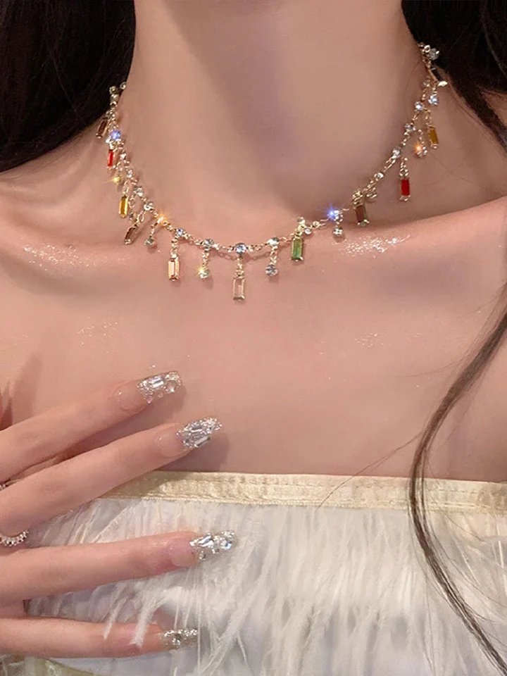 Luxury and elegant Alloy Colorful Baguette Crystal Tassel Necklace, Multicolor Rhinestone Drop Choker for Women, Adjustable Party Statement Necklace