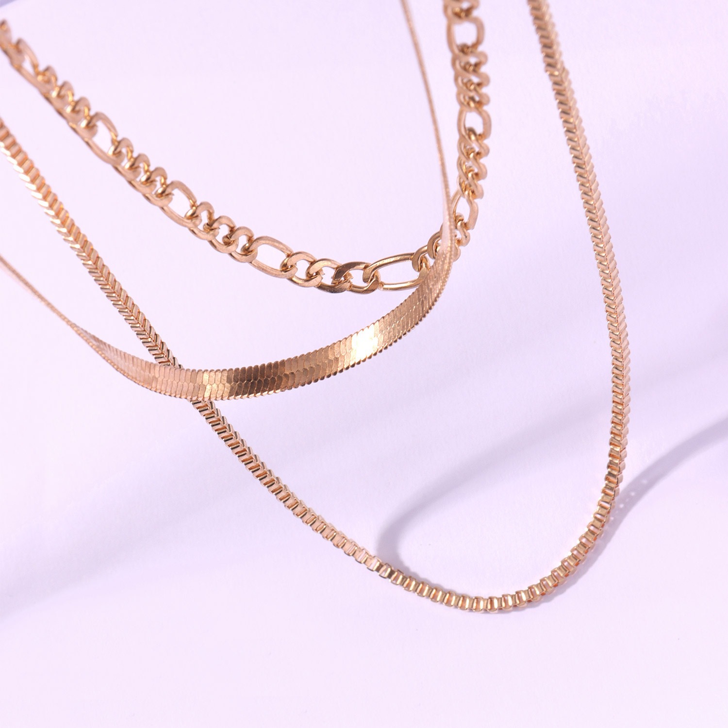 Triple Layer Chain Necklace, Herringbone + Figaro + Box Link Multi-Strand Necklace for bioth Men and Women, Gold/Silver Tone Available