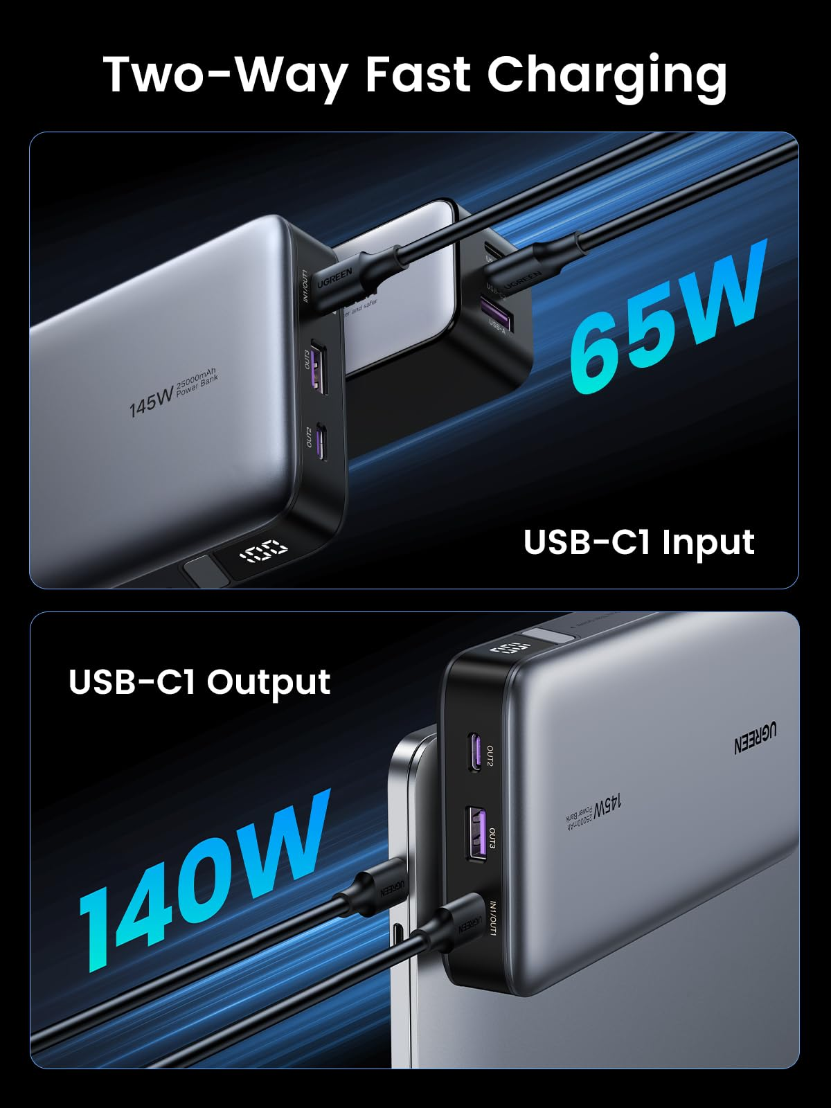 UGREEN PB205 25000mAh 145W Two-way Fast Charging Laptop Portable Power Bank - Black