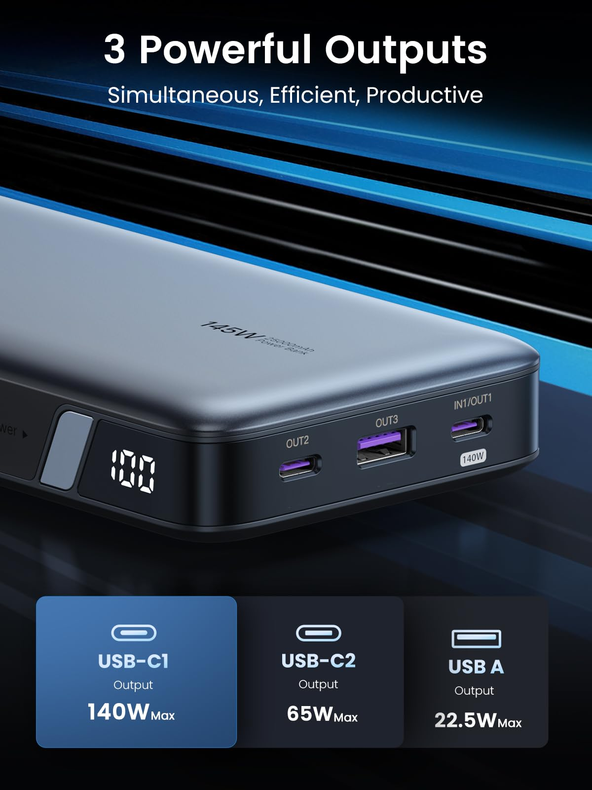 UGREEN PB205 25000mAh 145W Two-way Fast Charging Laptop Portable Power Bank - Black