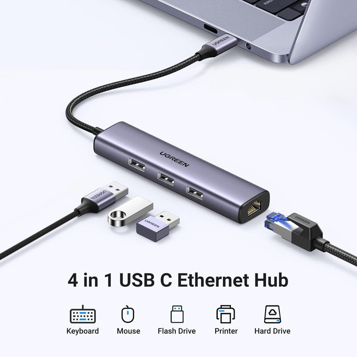 UGREEN CM475 USB 3.0 Hub – 3× USB-A Ports + Gigabit Ethernet Adapter, High-Speed Data Transfer, Plug & Play, Compact Design for Laptops & PCs