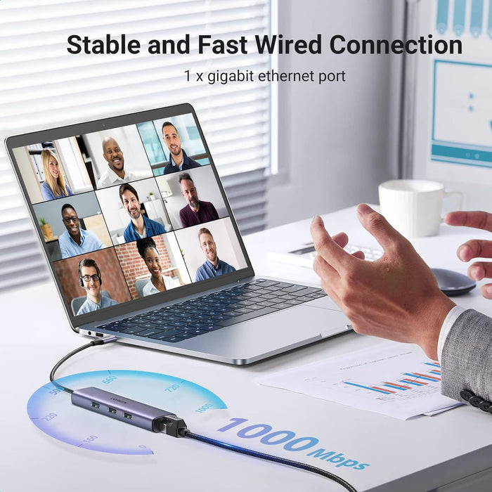 UGREEN CM475 USB 3.0 Hub – 3× USB-A Ports + Gigabit Ethernet Adapter, High-Speed Data Transfer, Plug & Play, Compact Design for Laptops & PCs