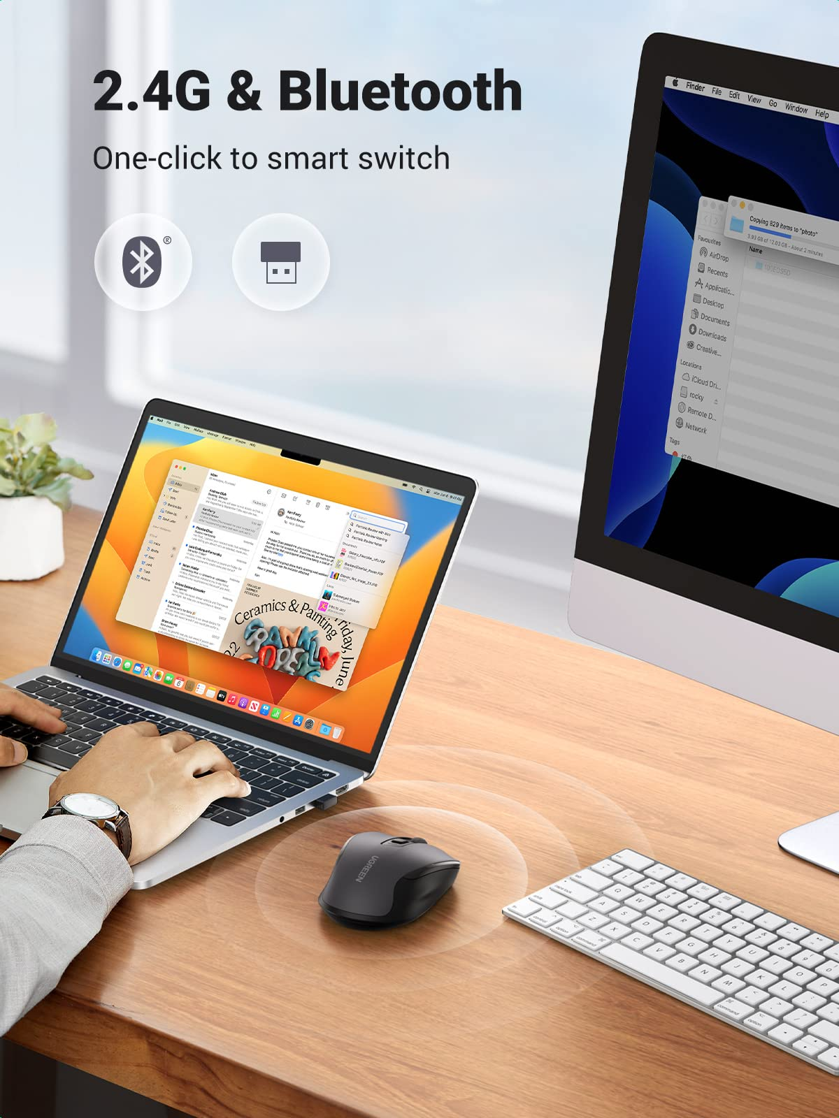 UGREEN Wireless Ergonomics Mouse with Bluetooth, Dual-Mode Freedom, Ergonomic Comfort, Precision Control, 300-Day Marathon Battery, Windows/macOS/iOS/Android/Linux