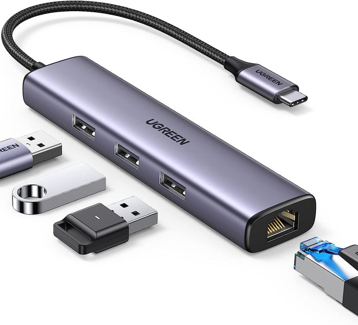 UGREEN CM475 USB 3.0 Hub – 3× USB-A Ports + Gigabit Ethernet Adapter, High-Speed Data Transfer, Plug & Play, Compact Design for Laptops & PCs