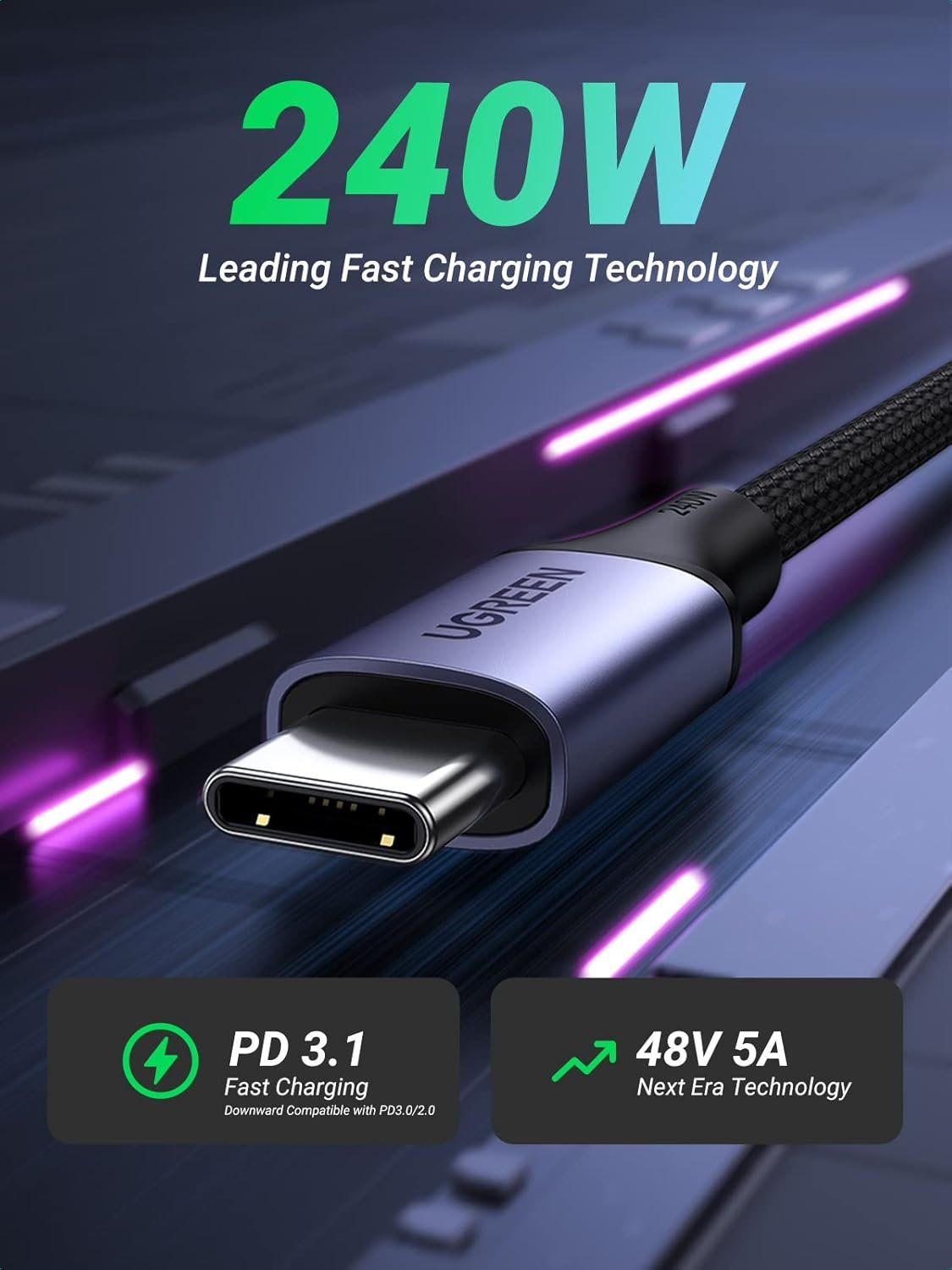 UGREEN US535 240W USB-C to USB-C, 480MBs,  PD Fast Charging Cable 5A Max Space Gray 1m