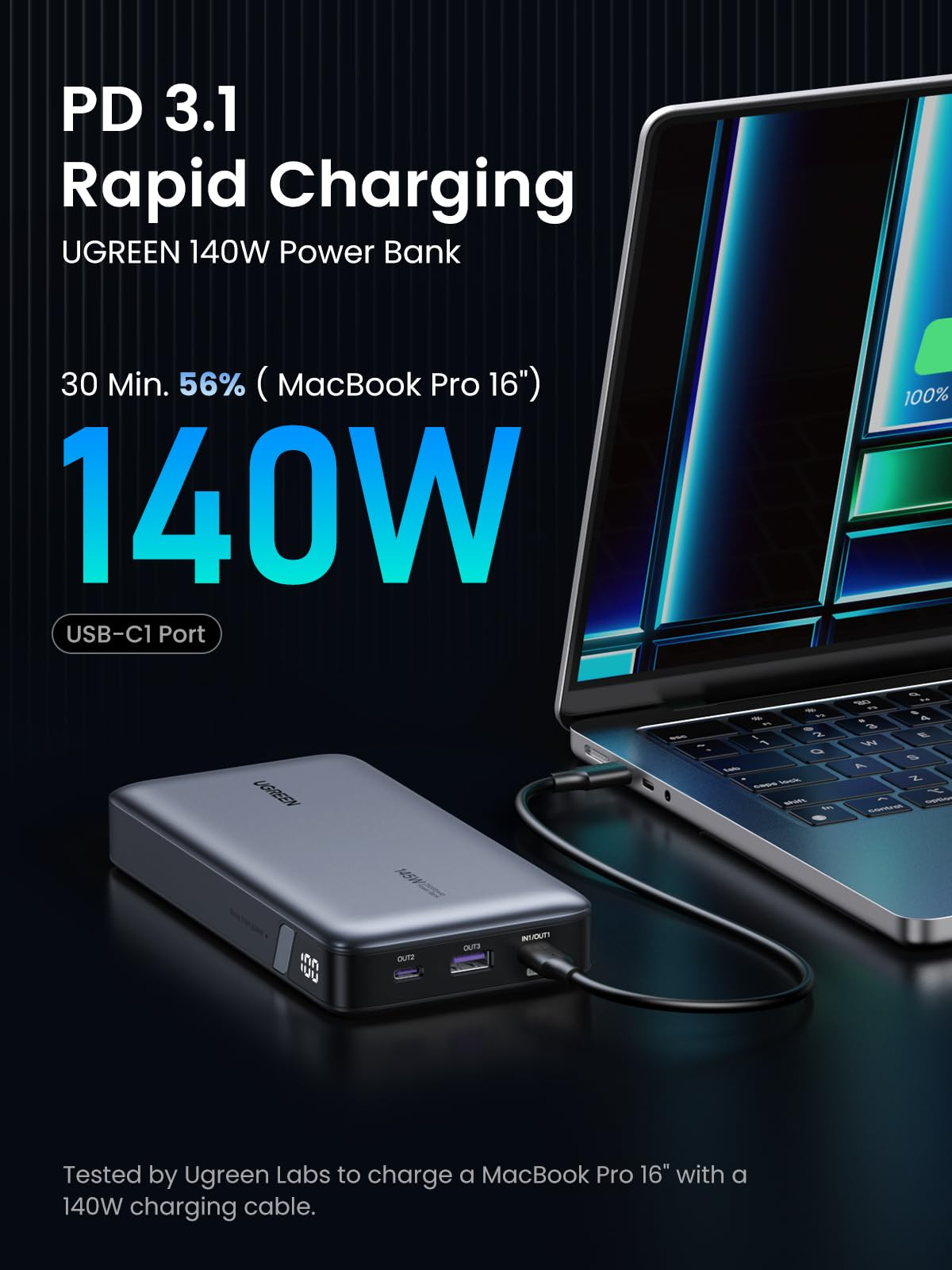 UGREEN PB205 25000mAh 145W Two-way Fast Charging Laptop Portable Power Bank - Black