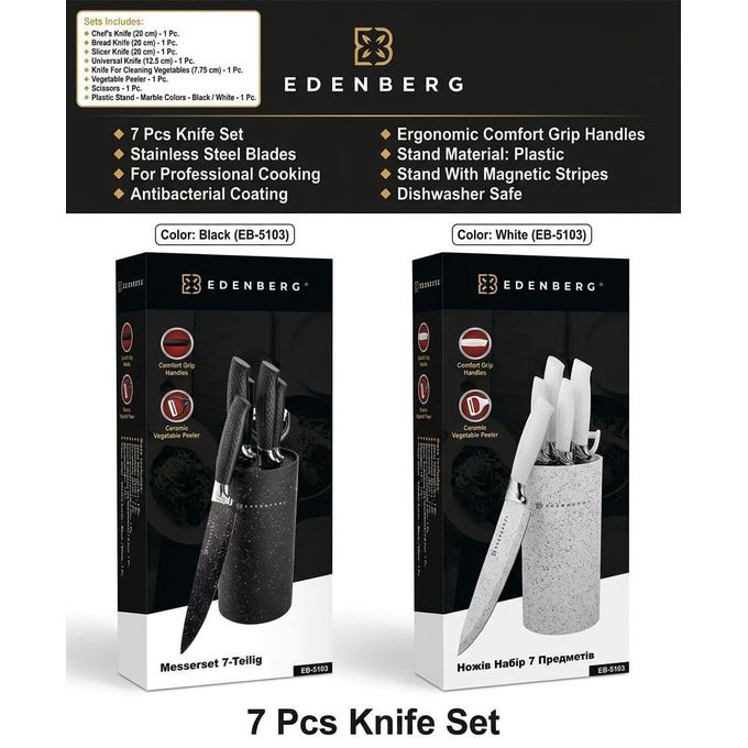 EDENBERG Stainless Steel Knife Set with Wooden Block Kitchen Chef Knife Set Ultra Sharp Durable Rust Resistant Knives for Home Professional Cooking Cutting Slicing Chopping