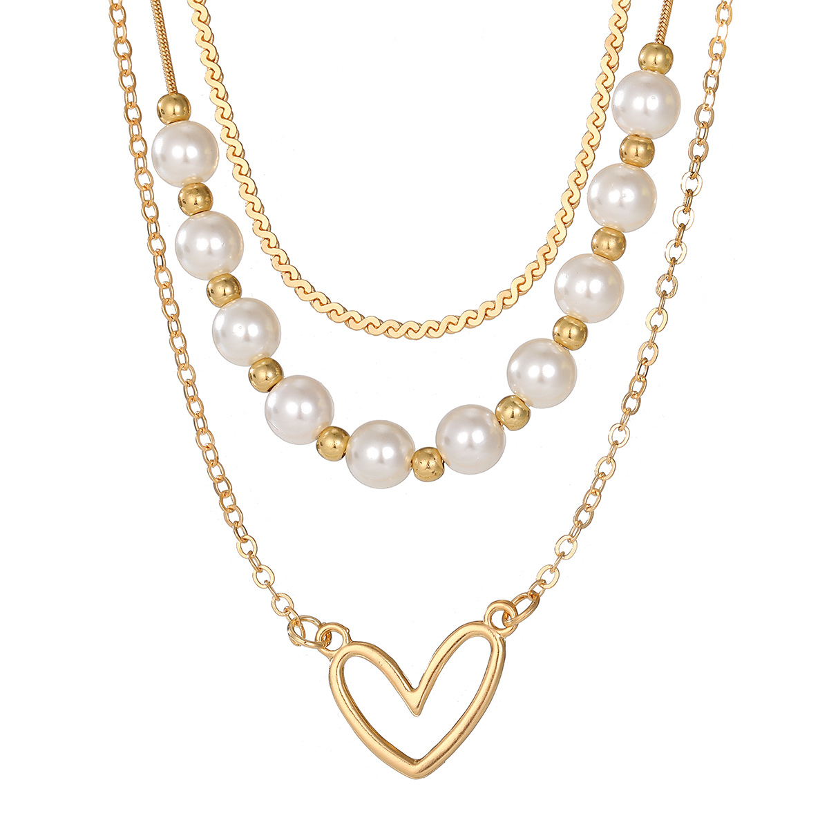 Vintage Heart Pearl Gold Necklace Set 3Pcs Layered Choker Necklaces For Women