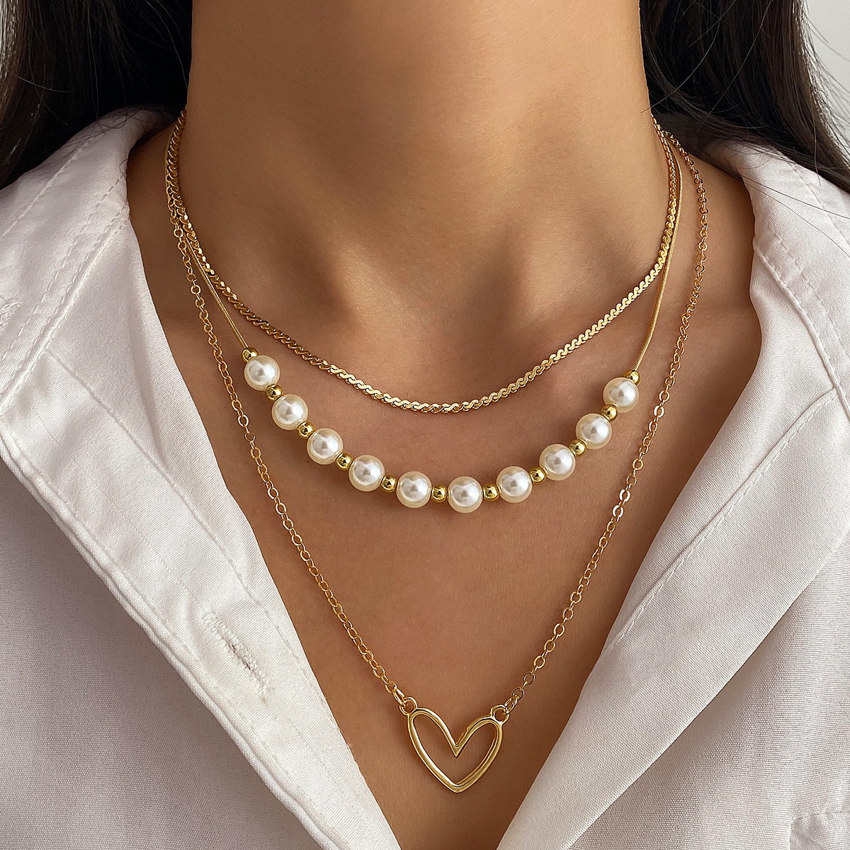 Vintage Heart Pearl Gold Necklace Set 3Pcs Layered Choker Necklaces For Women