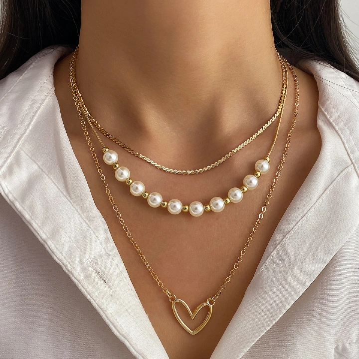Vintage Heart Pearl Gold Necklace Set 3Pcs Layered Choker Necklaces For Women
