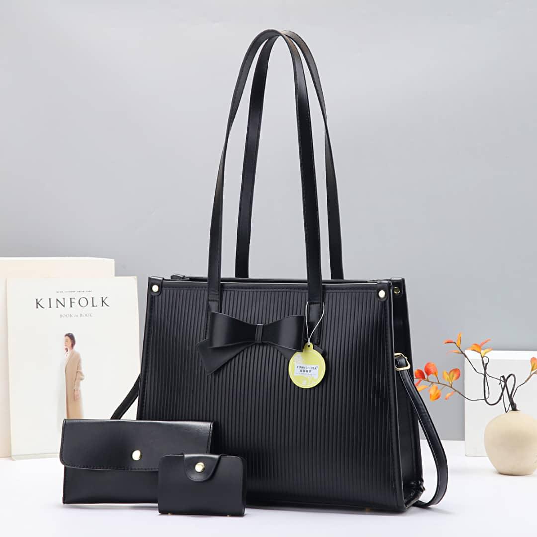 Women 3 in 1 PU Bowtie Handbags Set Elegant Stylish Tote Shoulder Crossbody Bag Set Durable Leather Look Fashion Bags Versatile Everyday Use