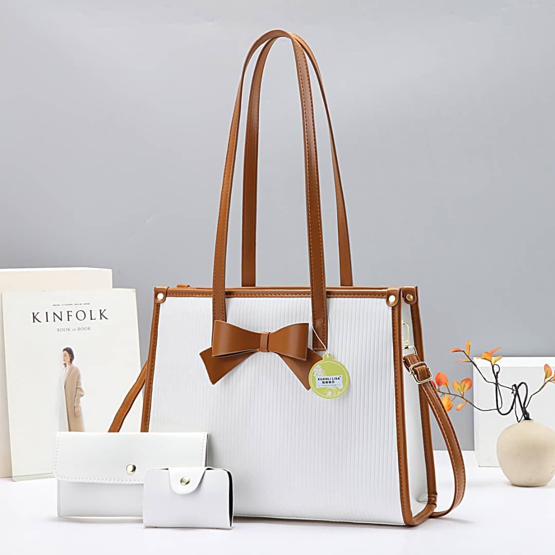 Women 3 in 1 PU Bowtie Handbags Set Elegant Stylish Tote Shoulder Crossbody Bag Set Durable Leather Look Fashion Bags Versatile Everyday Use