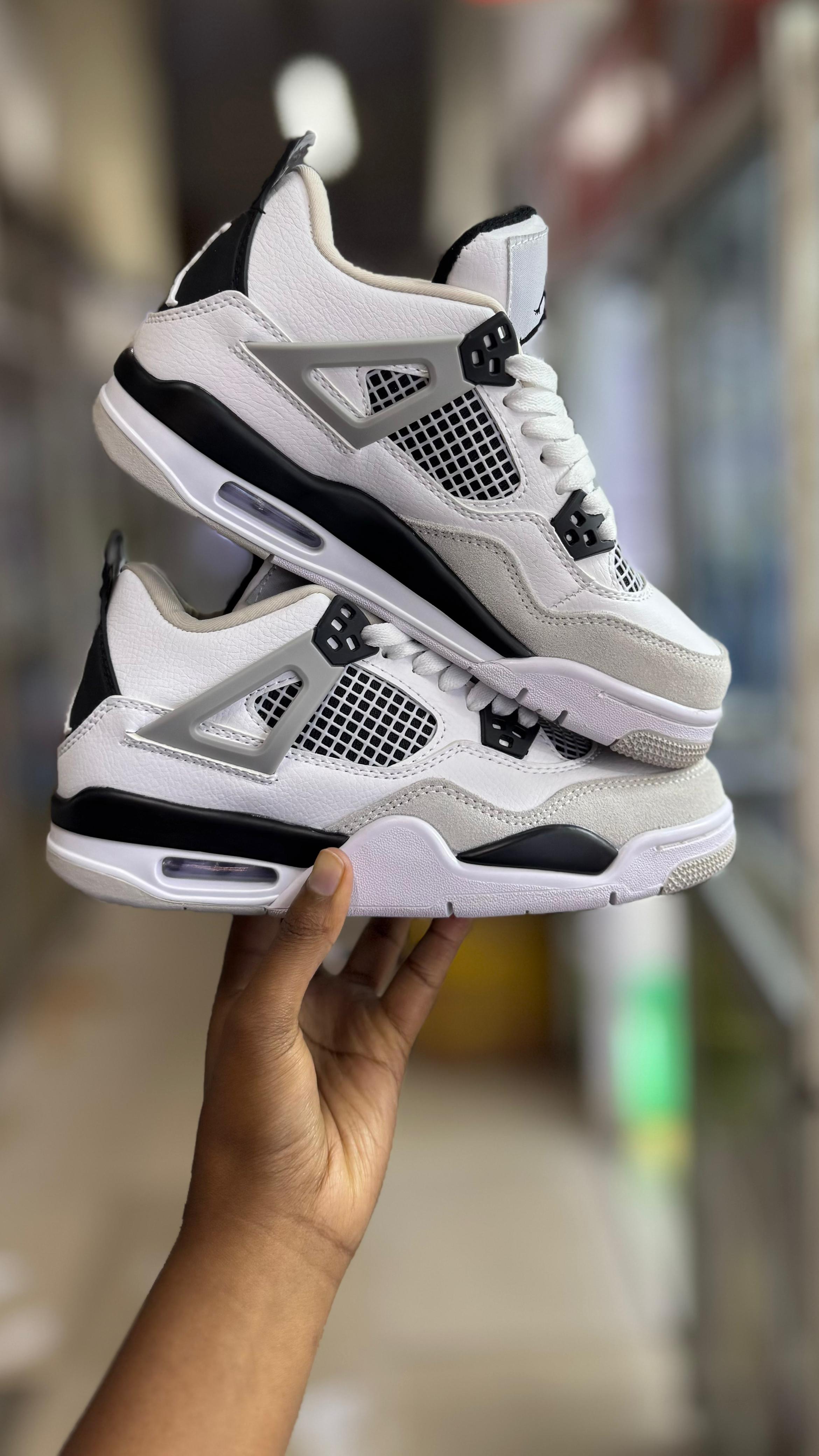 Air Jordan 4 Retro "Military Black" – Premium Leather Courtside Sneakers (White / Black / Neutral Grey)