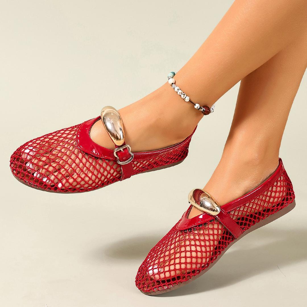 Women’s Chic Mesh Ballerina Flats – Breathable Mary Jane Doll Shoes with Gold Metallic Detail