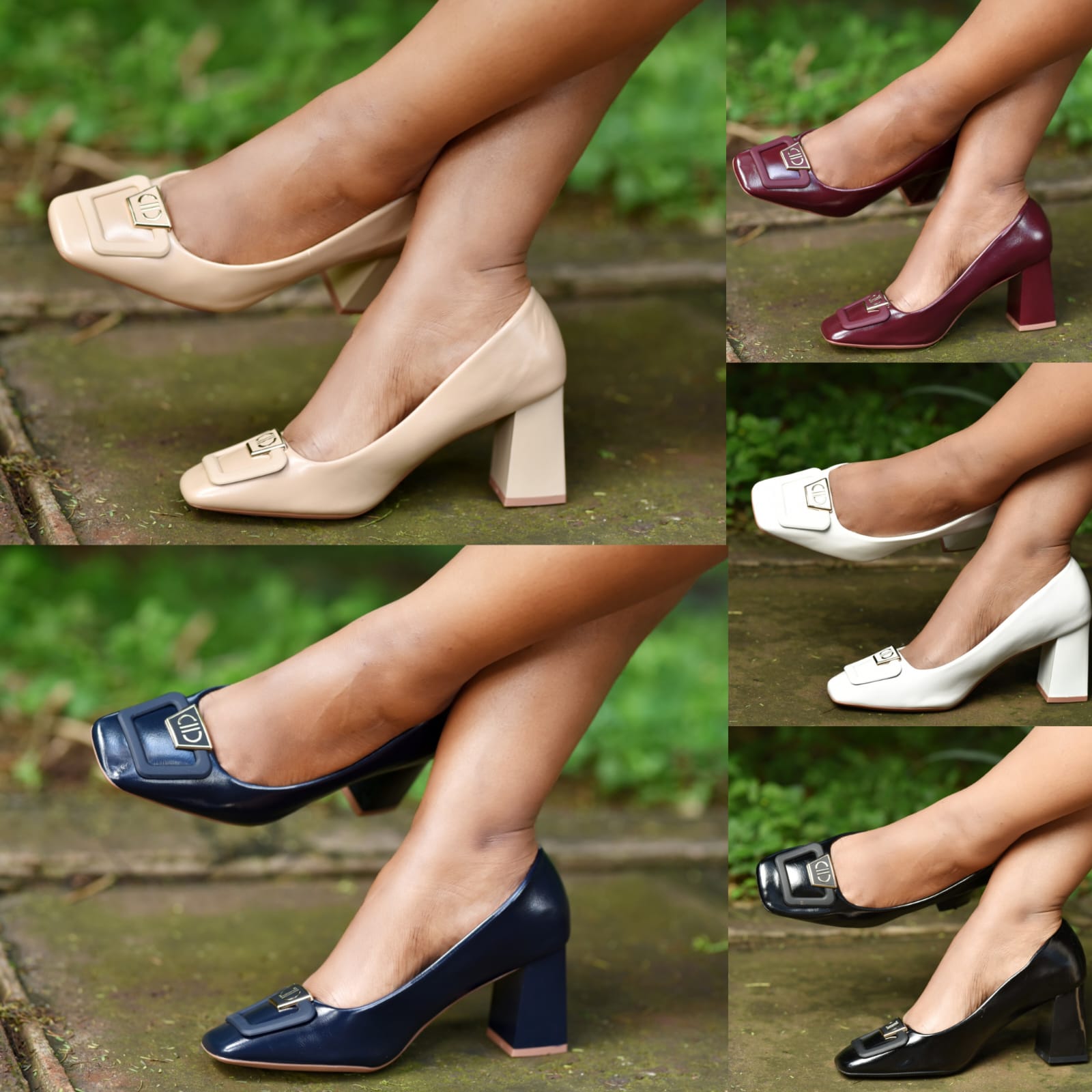 Ego Official High Quality Leather Chunky Heels with Square Buckle
