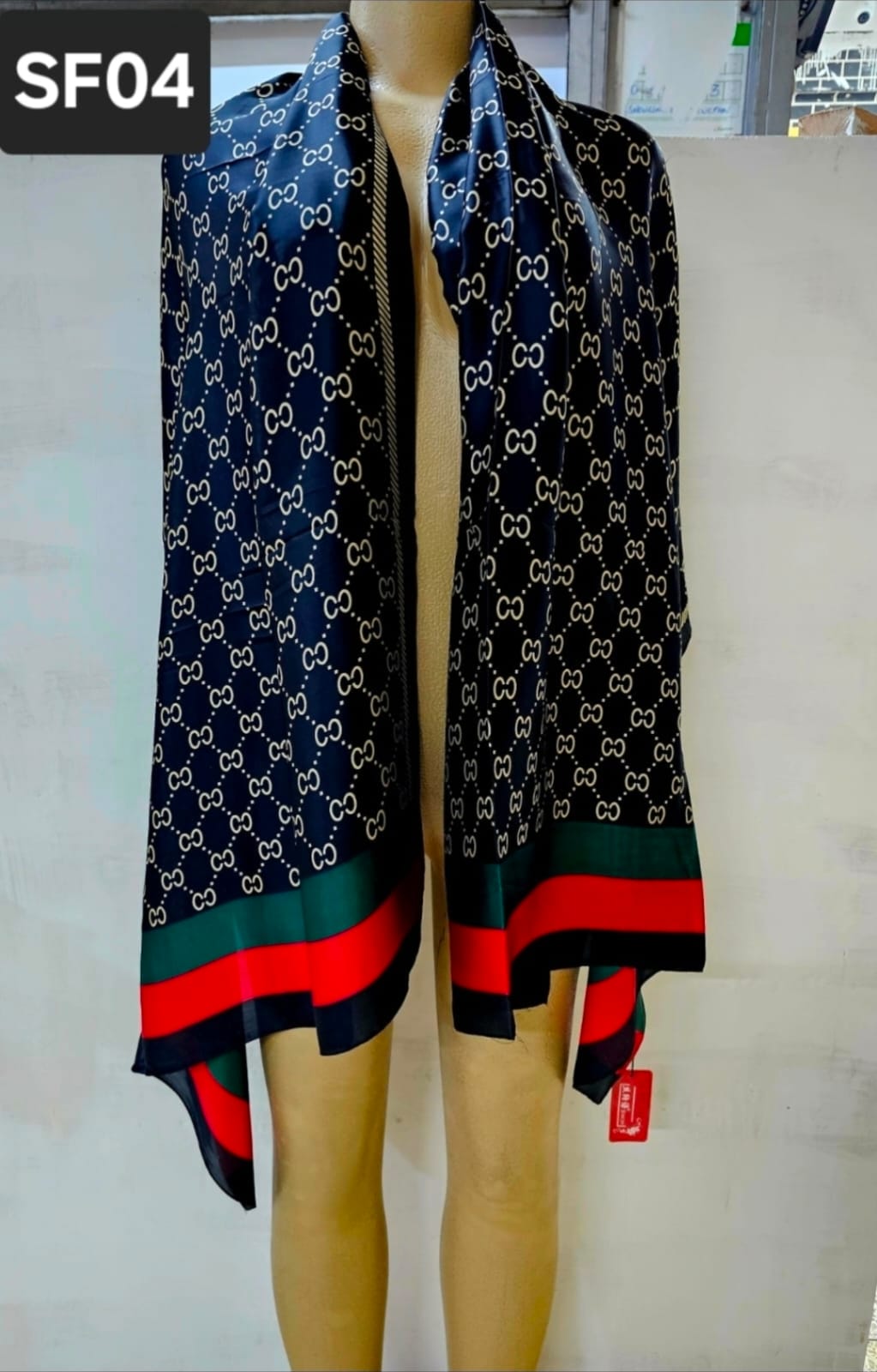 Designer-Style Long Silk-Satin Scarf – Elegant Monogram Pattern Shawl & Luxury Hijab Wrap.