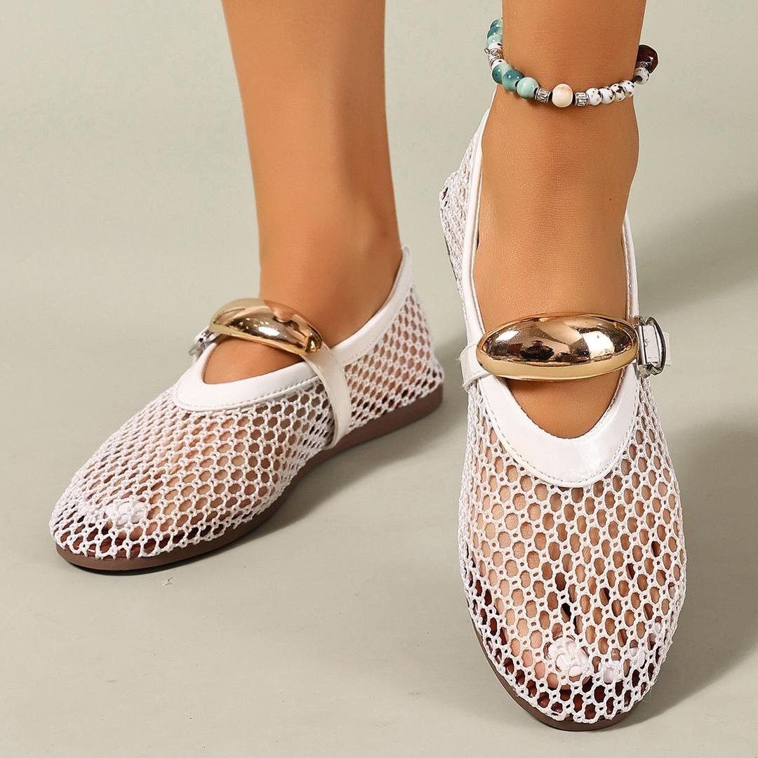 Women’s Chic Mesh Ballerina Flats – Breathable Mary Jane Doll Shoes with Gold Metallic Detail