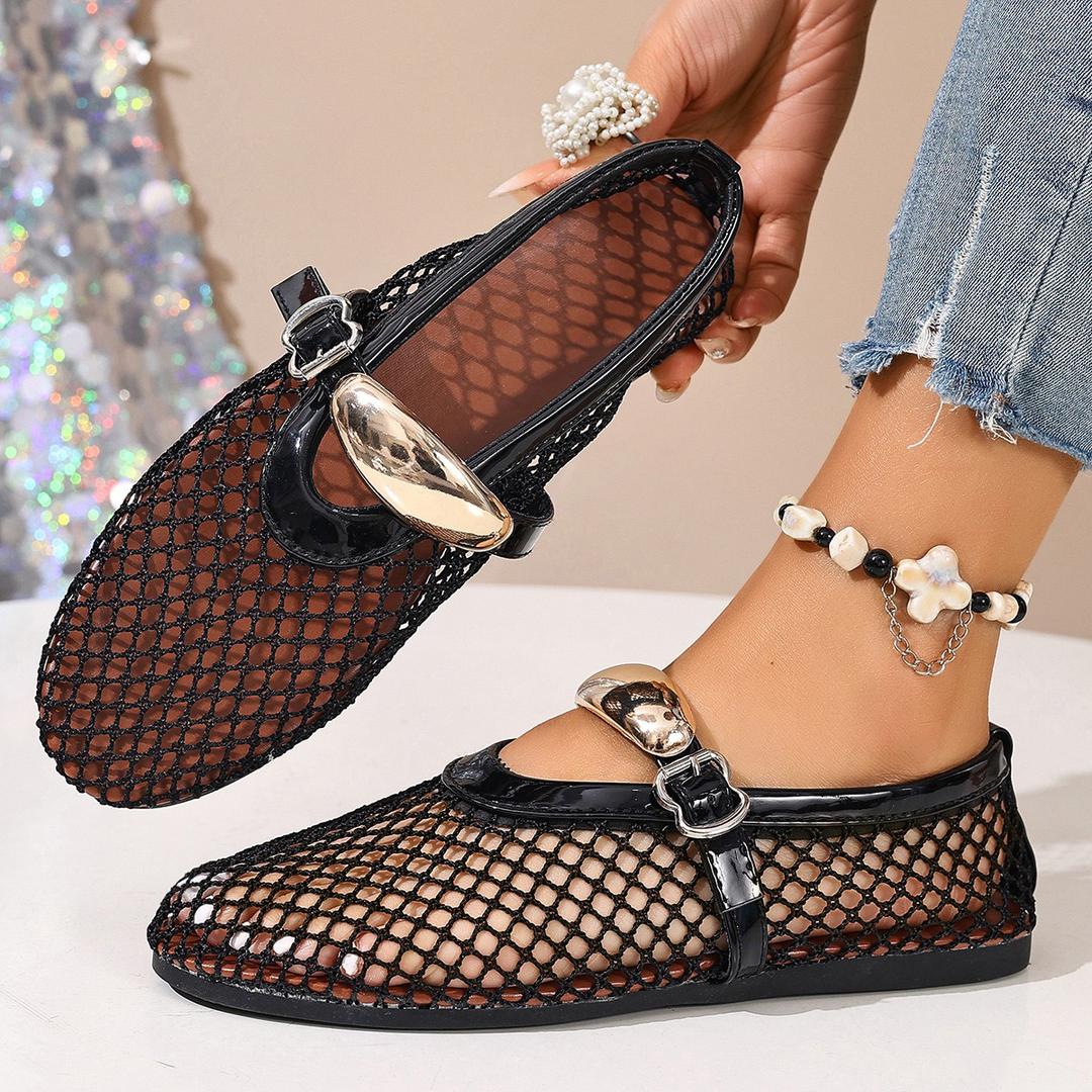 Women’s Chic Mesh Ballerina Flats – Breathable Mary Jane Doll Shoes with Gold Metallic Detail